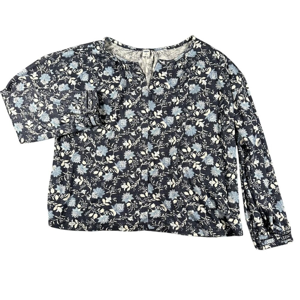 Old Navy Shirt Womens Medium Blue Floral Long Sleeve Trim Cuff Pullover Top